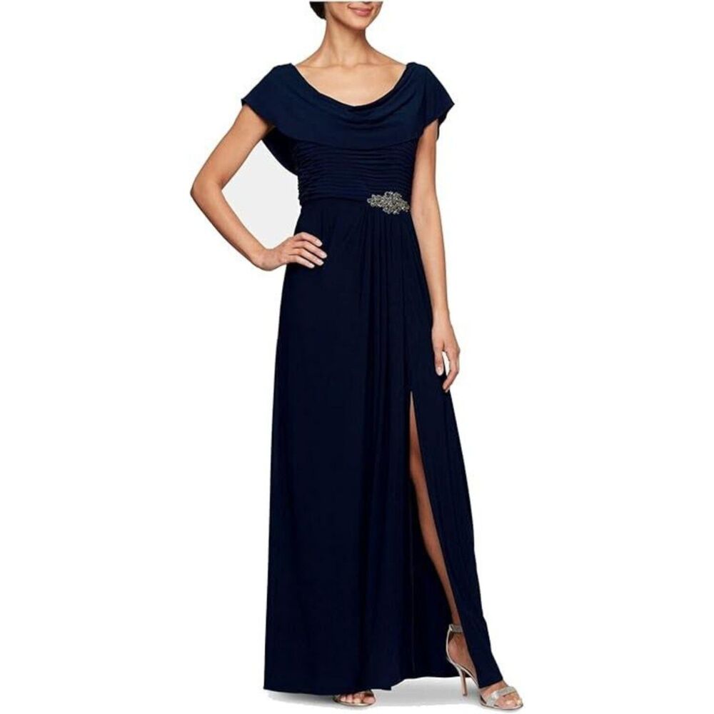 Alex Evenings Women's Petite Long Cowl Neck A-Line Dress, Navy, 14P